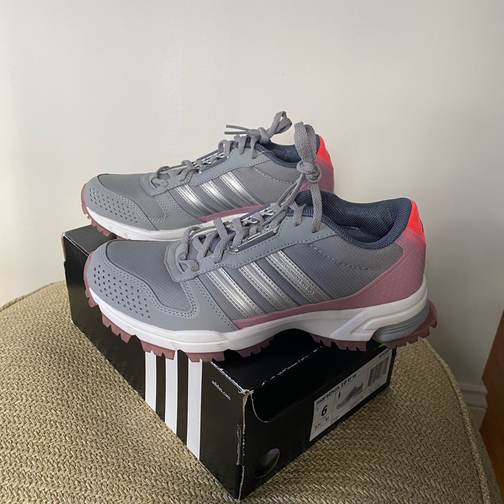 Adidas Women's Marathon 10 running sneaker athletic shoes grey pink new in box 6 - Picture 1 of 11